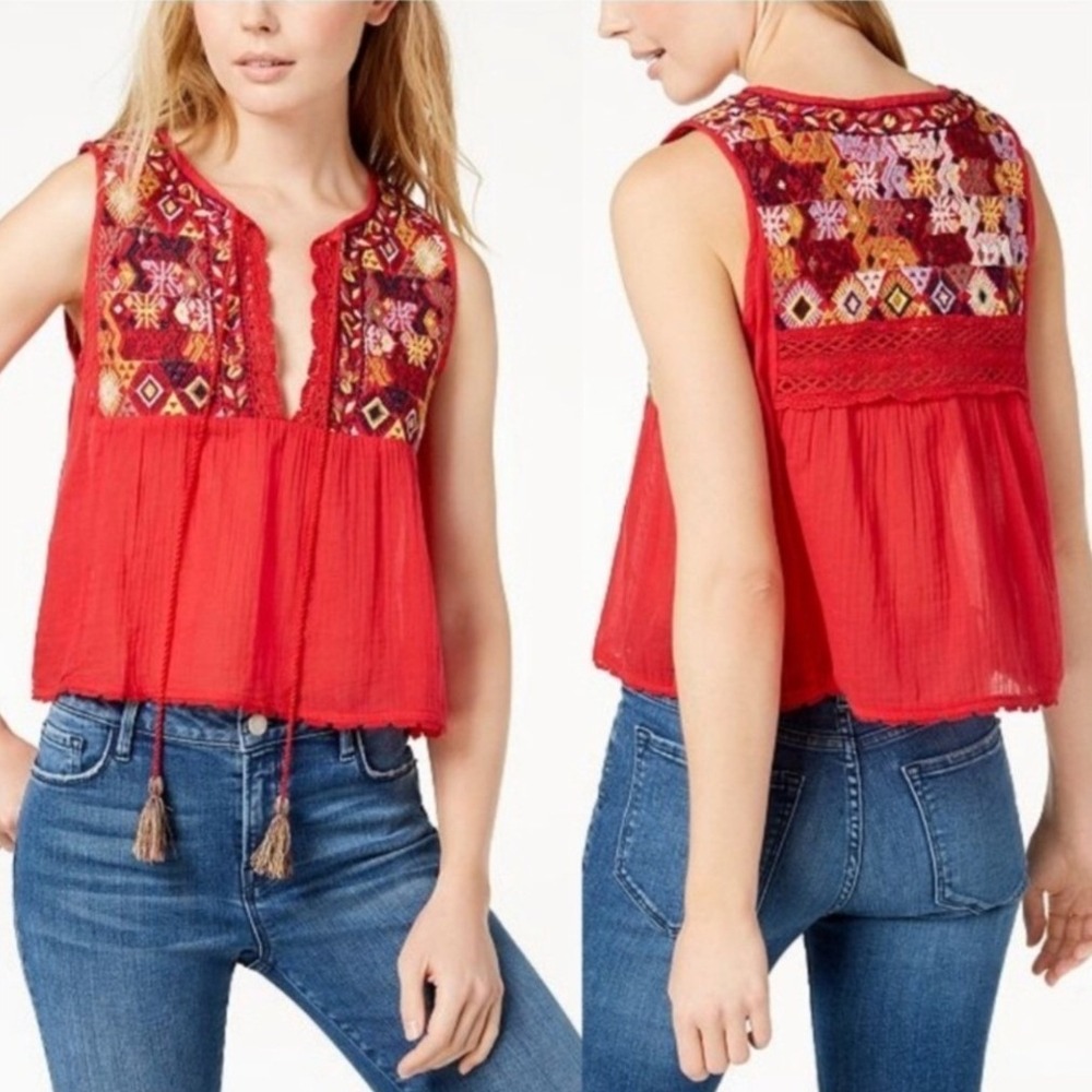 Free People Womens S/P Red Embroidered Lohri Babydoll Tank Top Tassel Tie